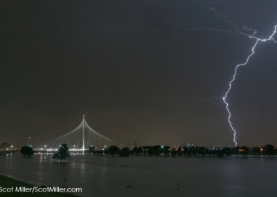 1110152 Lightning over flooded Trinity River, Margaret Hunt Hill Bridge, Dallas, Texas