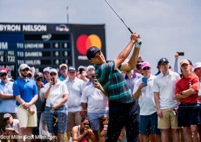 02694 Jordan Spieth teeing off on 12th hole of Trinity Forest Golf Club during the 2018 AT&T Byron Nelson tournament, Dallas, Texas