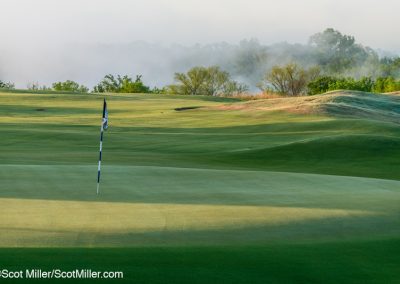 09063 Steam fog at sunrise, 15th green, Trinity Forest Golf Club, Dallas, TX