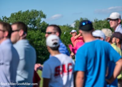 00518 Jordan Spieth's iron approach shot on 18th hole of 2019 AT&T Byron Nelson tournament, Trinity Forest Golf Club, Dallas, TX