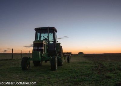 3280054 John Deere tractor in field, dawn, LBJ Ranch, Stonewall, Texas
