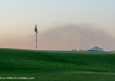 01324 Steam fog at dawn, 15th green, hole #4, Trinity Forest Golf Club, Dallas, Texas