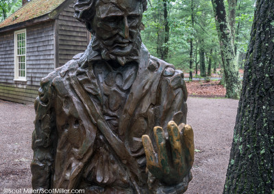 08880 Statue of Henry David Thoreau & cabin replica at Walden Pond State Reservation, Concord, MA